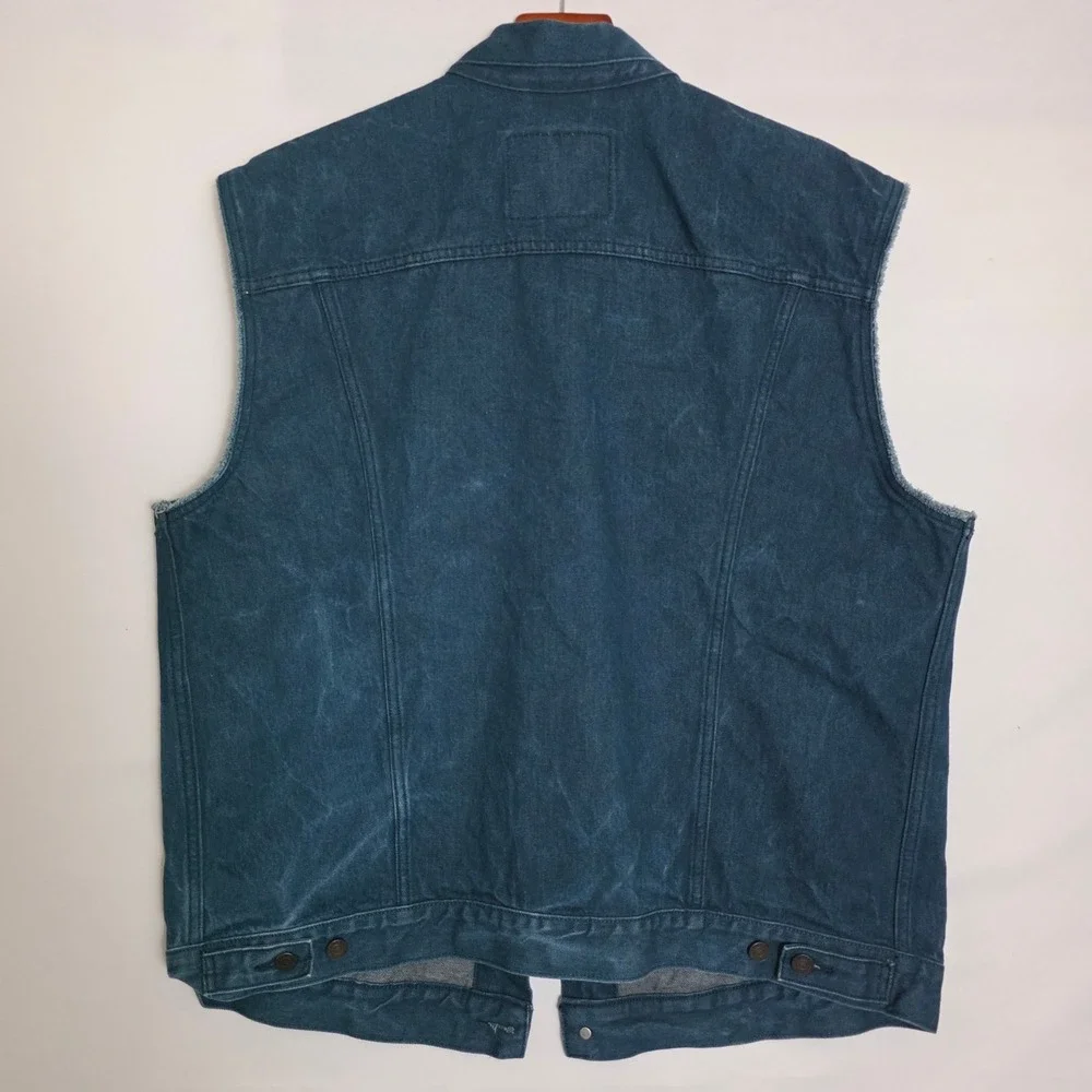 Levis Mens Trucker Denim Vest Dark Wash Blue Sleeveless Jacket XXL Raw Sleeve